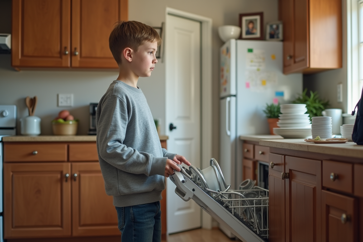 Jeune garçon dans la cuisine familiale chargant la vaisselle