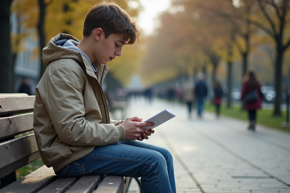 Adolescent assis seul sur un banc de parc regardant une lettre