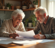 Adulte moyen et senior souriants examinant des papiers financiers