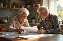 Adulte moyen et senior souriants examinant des papiers financiers