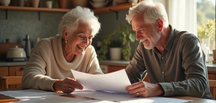 Adulte moyen et senior souriants examinant des papiers financiers