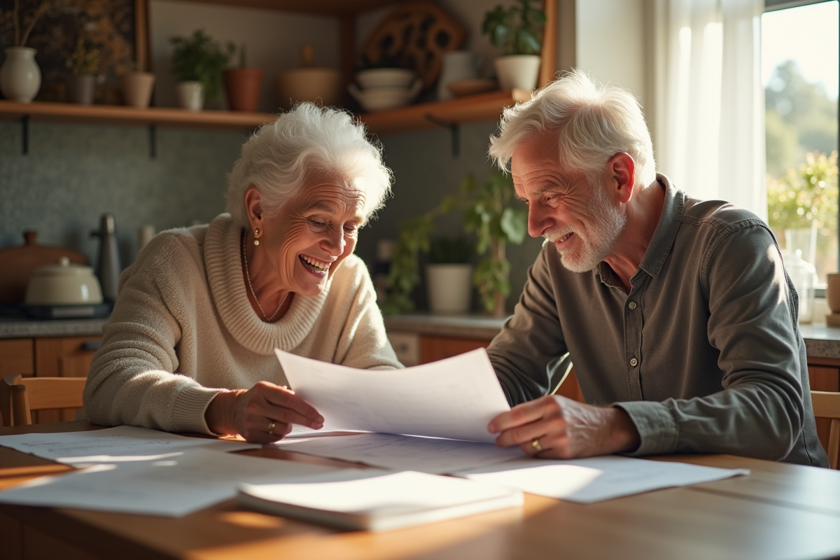 Adulte moyen et senior souriants examinant des papiers financiers