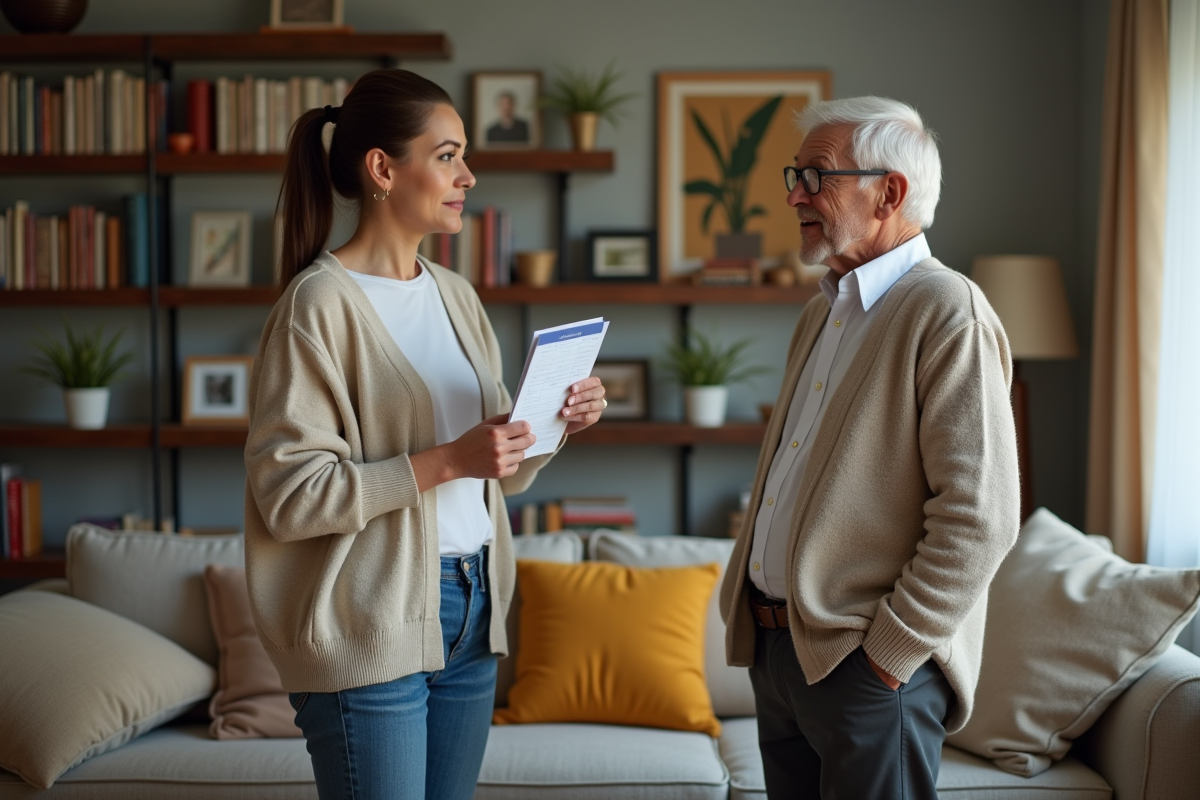 Femme aidante avec un senior dans un salon chaleureux