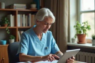 Aide à domicile vérifiant une facture de services sur une tablette dans un bureau à domicile organisé