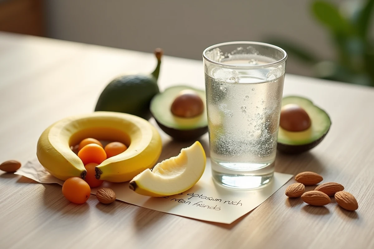 Aliments riches en potassium comme la banane, l'avocat et les abricots secs disposés avec un verre d'eau pour prévenir la carence en potassium chez la personne âgée
