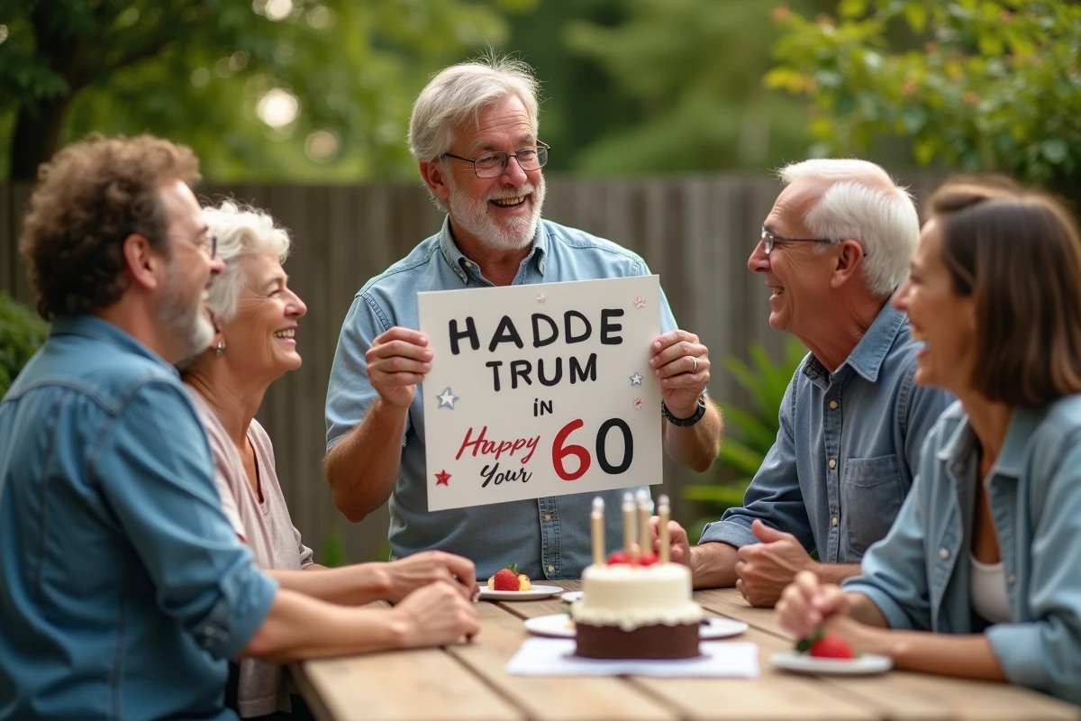 Groupe d amis riant lors d une fête d anniversaire en plein air
