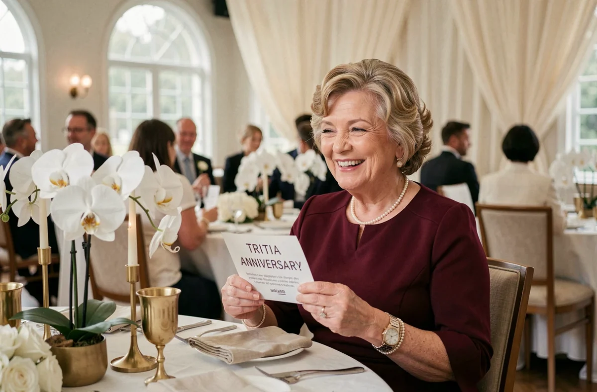 Femme élégante de 60 ans tenant une carte de jeu lors d'une animation anniversaire chic