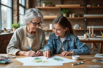 Une femme âgée et une adolescente peignent ensemble à l'aquarelle dans un atelier créatif intergénérationnel