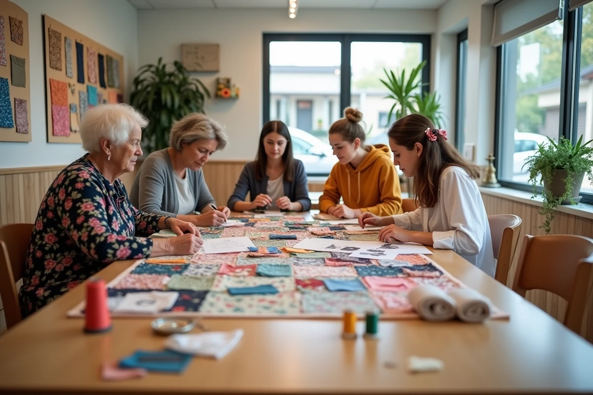 Groupe multigénérationnel de femmes cousant un quilt ensemble lors d'un atelier de loisirs créatifs intergénérationnel