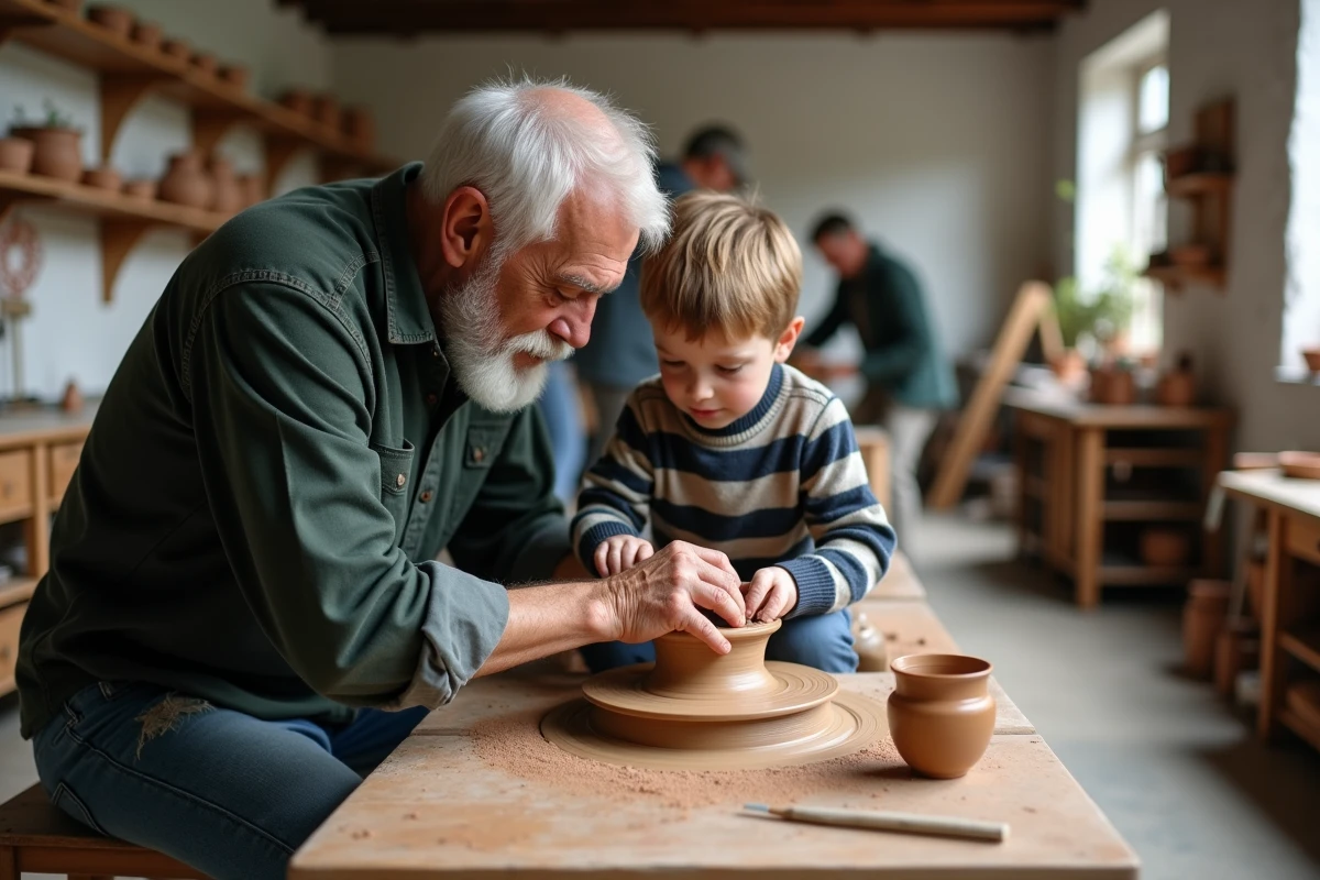 Un homme âgé apprend la poterie à un jeune garçon lors d'un atelier intergénérationnel de loisirs créatifs