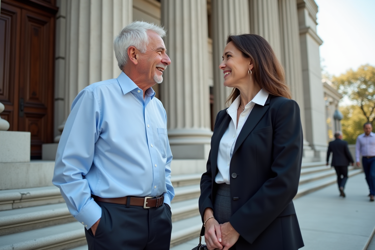 Avocat et client discutant devant un palais de justice