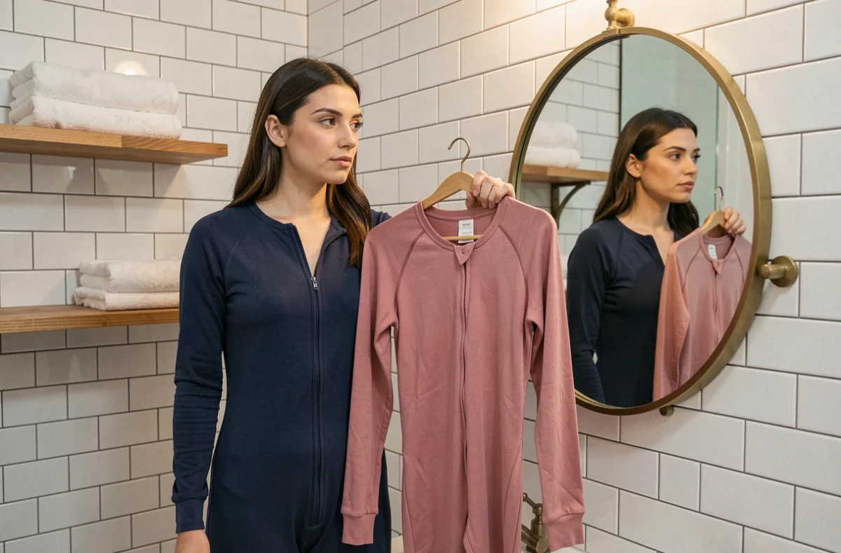 Femme adulte comparant deux babygros de tailles différentes devant un miroir de salle de bain