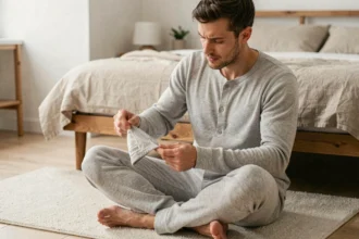 Homme adulte portant un babygro gris clair et examinant les coutures et l'étiquette intérieure dans une chambre minimaliste
