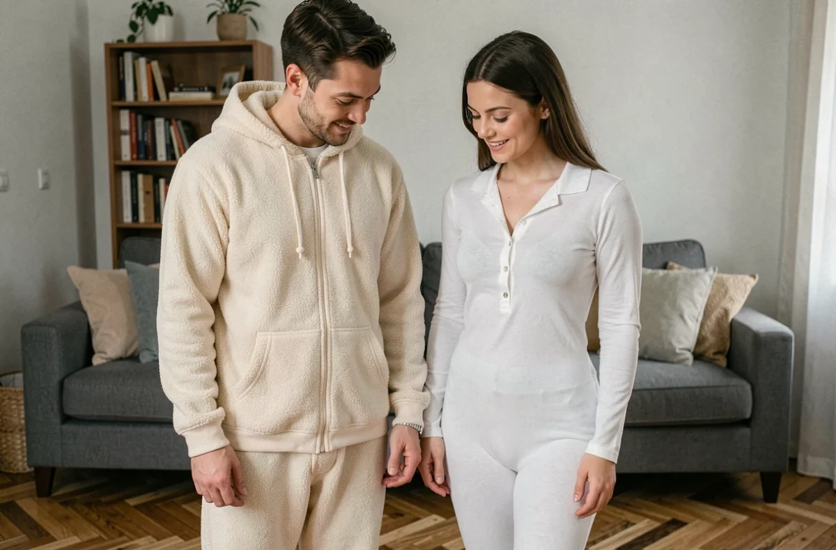 Un homme et une femme adultes comparant côte à côte deux styles différents de babygro dans un salon moderne
