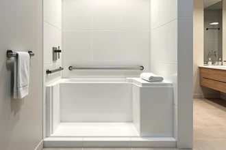 Baignoire PMR à entrée basse avec barres d'appui dans une salle de bains rénovée aux carrelages blancs mats
