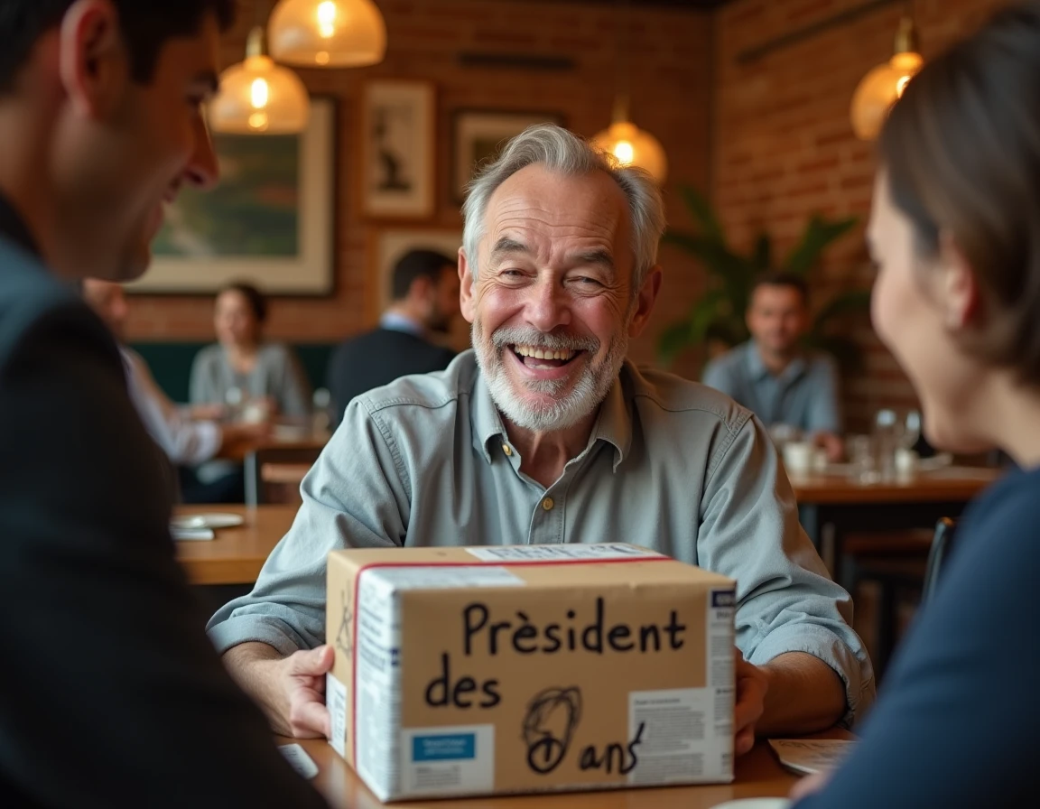 Homme de 60 ans souriant recevant un cadeau humoristique géant lors de son anniversaire dans un restaurant privatisé