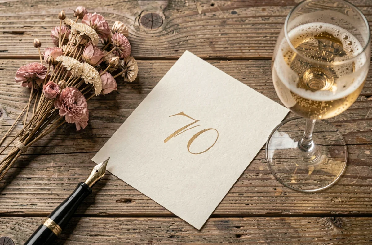 Carte d'anniversaire 70 ans manuscrite avec stylo plume et fleurs séchées en vue de dessus