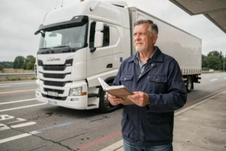Chauffeur routier expérimenté près de son camion sur une aire d'autoroute française, tenant un carnet de bord, illustrant la réforme des retraites pour les conducteurs en carrière longue