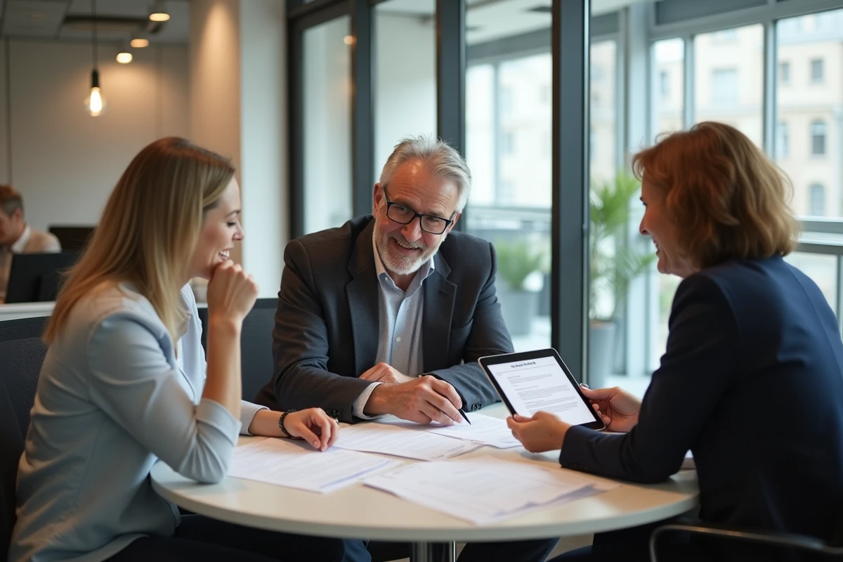 Collègues collaborant autour d'une table pour personnaliser un discours de départ à la retraite à partir d'un modèle imprimé