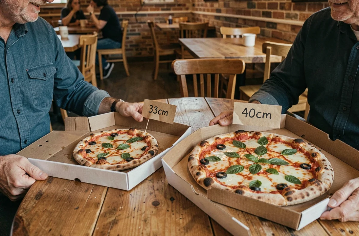 Comparaison de deux tailles de pizza dont une pizza senior 40 cm posées côte à côte sur une table de restaurant