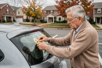 Conducteur senior apposant le macaron S obligatoire sur le pare-brise arrière de sa voiture dans un quartier résidentiel