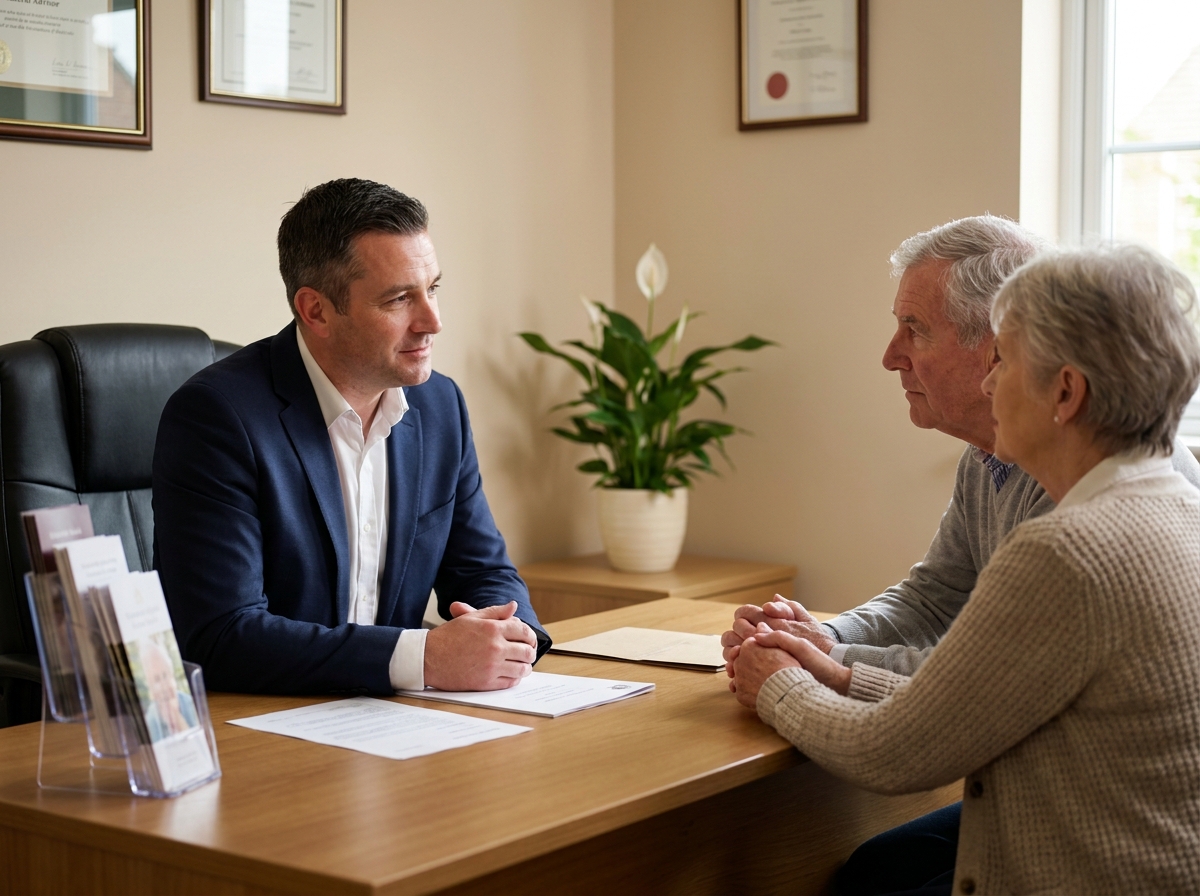 Un conseiller funéraire accompagne un couple de personnes âgées lors d'une consultation pour organiser leurs obsèques à l'avance