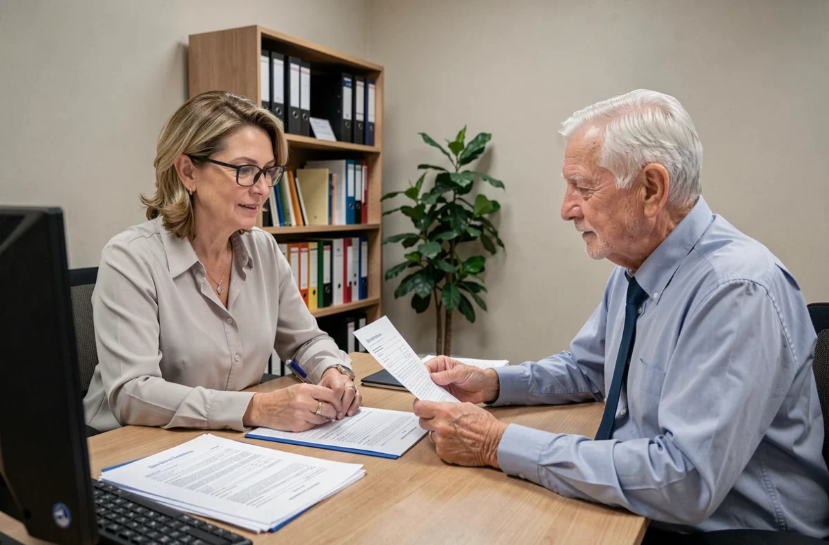 Un conseiller en action sociale accompagne un senior dans la déclaration de ses ressources pour l'APA