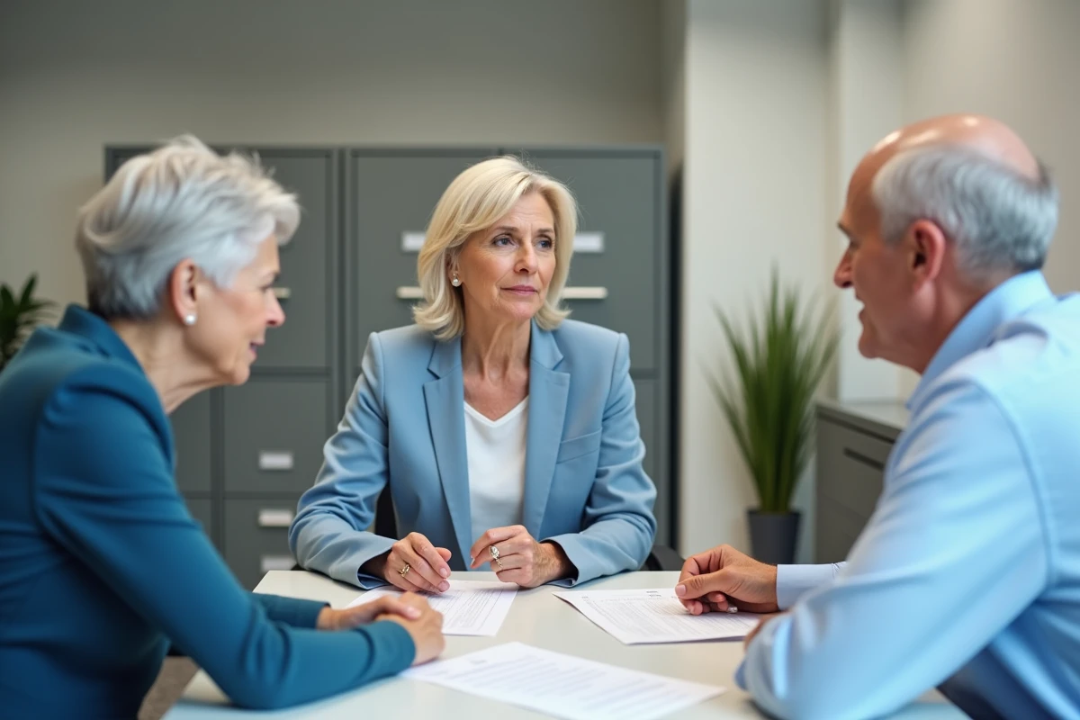 Une conseillère accompagne un couple de retraités lors d'un rendez-vous dans un bureau d'aide aux démarches administratives pour seniors.