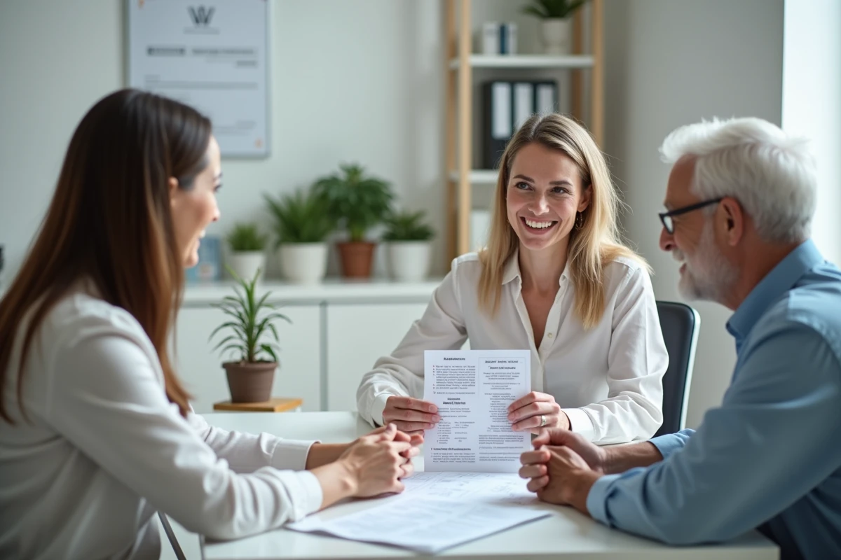 Conseillère d'une agence de services à la personne présentant les tarifs et aides disponibles en 2026 à un couple de seniors
