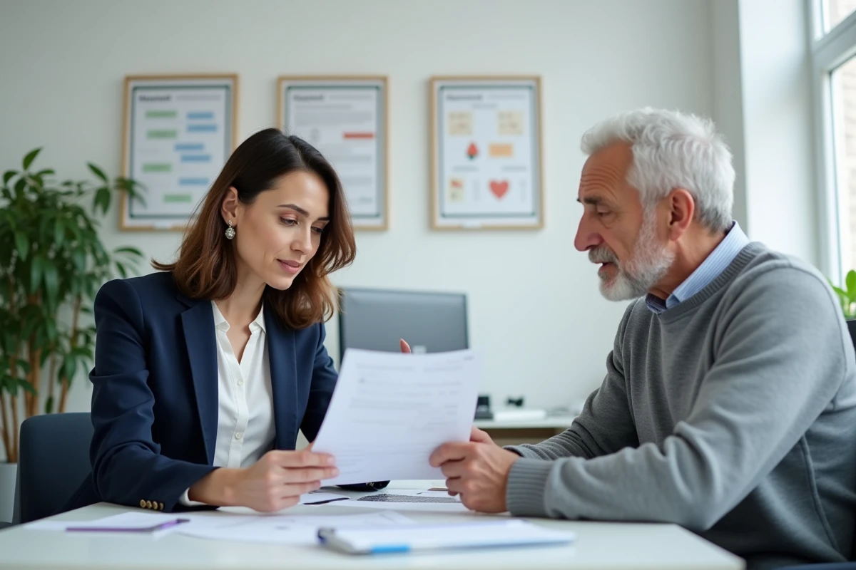Conseillère expliquant les aides financières à une personne âgée dans un bureau de service à domicile à Lille