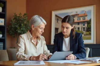 Conseillère immobilière senior à Nîmes aidant une dame âgée à choisir une maison adaptée dans une agence moderne