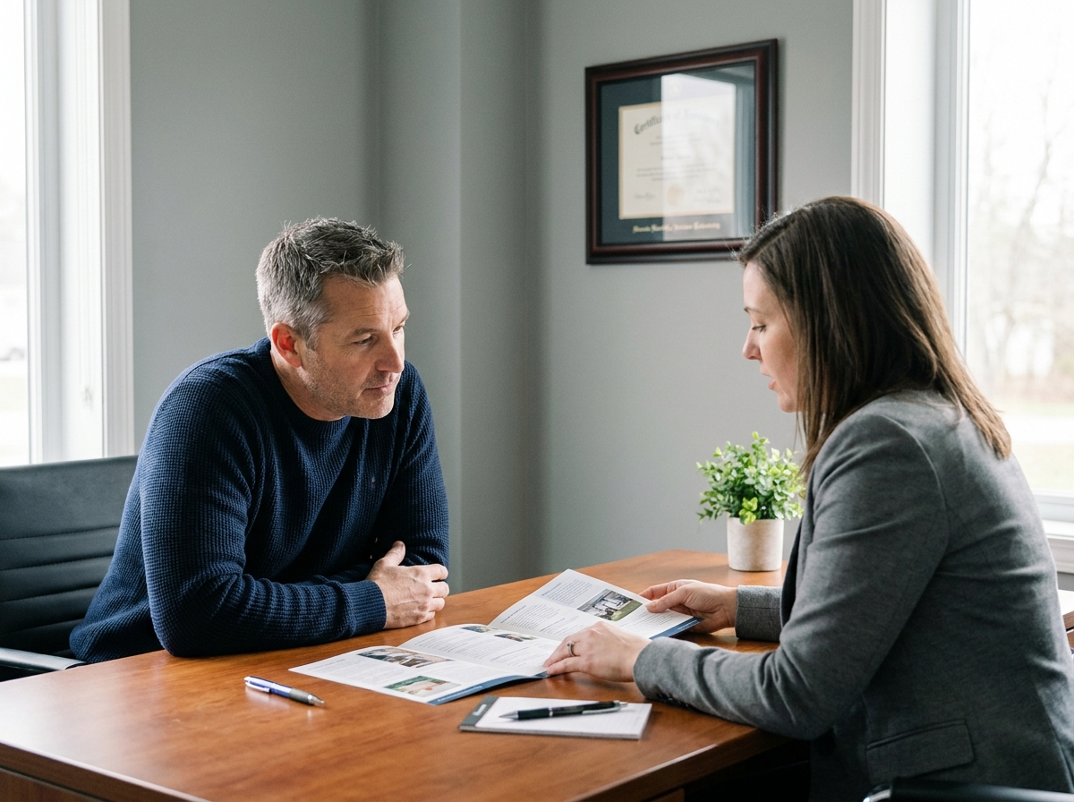 Homme consultant un conseiller funéraire pour choisir un contrat obsèques personnalisé dans un bureau professionnel