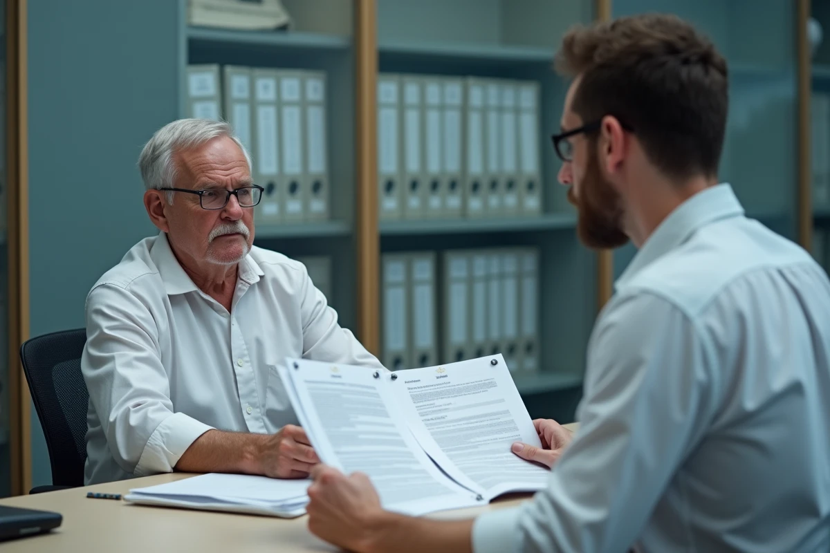 Fonctionnaire en consultation administrative pour son dossier de retraite dans un bureau officiel