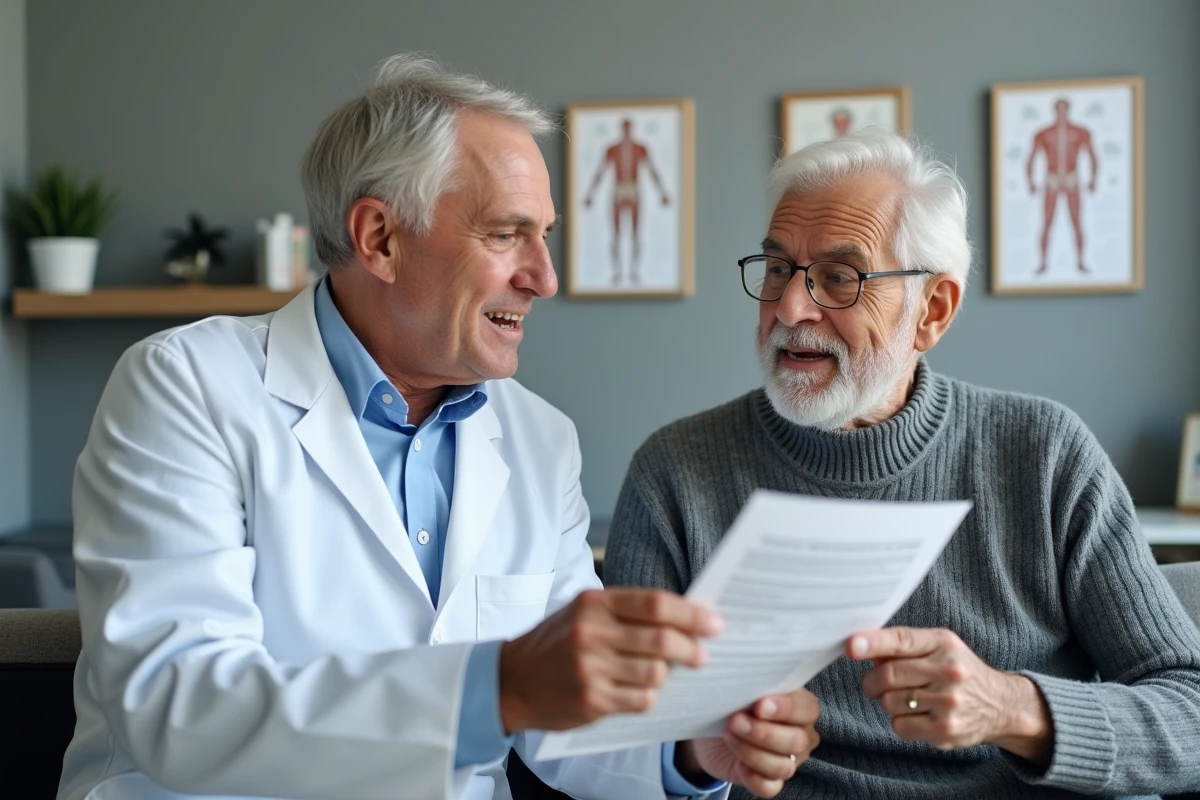 Médecin gériatre expliquant les risques de manque de potassium et de déshydratation à un patient âgé lors d'une consultation médicale