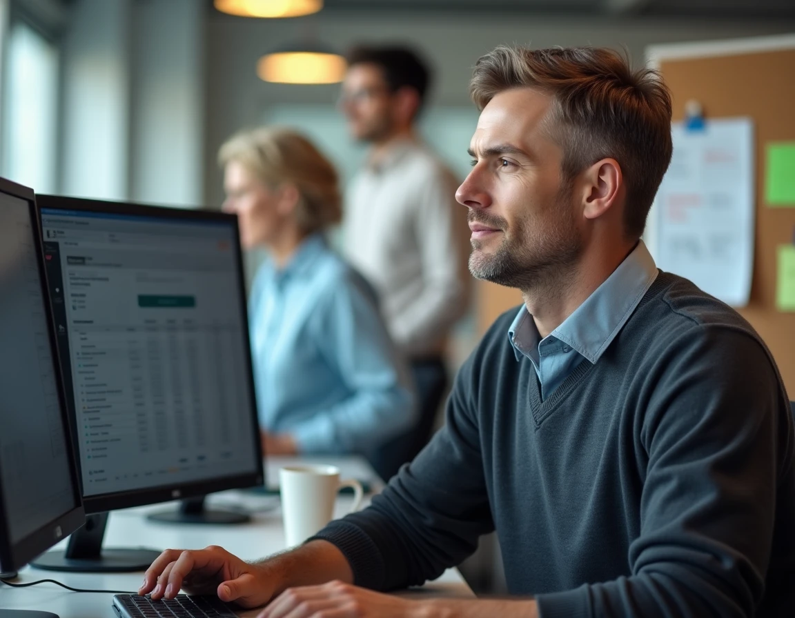 Coordinateur de services à domicile travaillant sur un logiciel de facturation dans un bureau professionnel ouvert