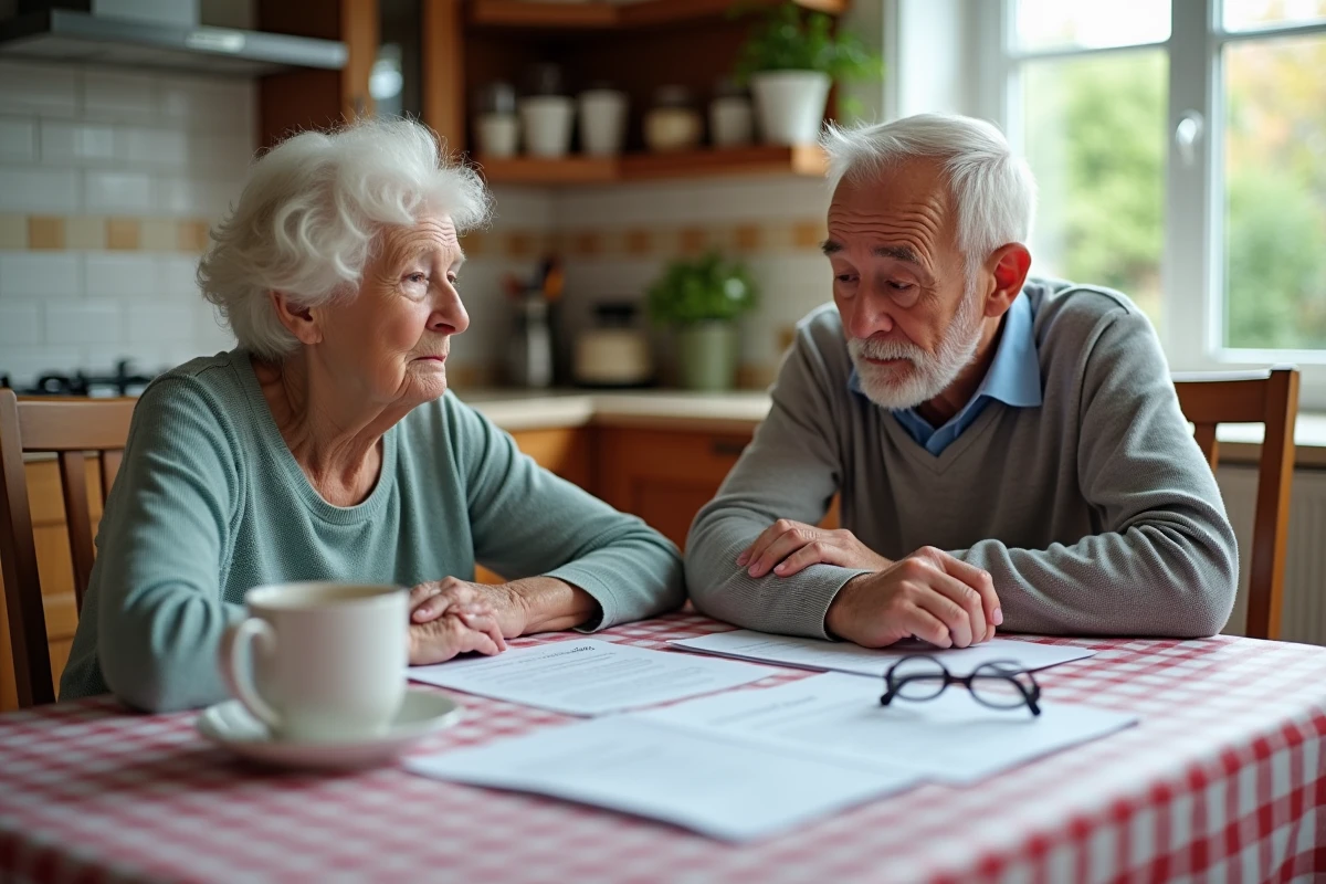 Couple âgé examinant des documents d'évaluation de dépendance à la table de cuisine, face à la fatigue chronique et aux limites de la grille GIR