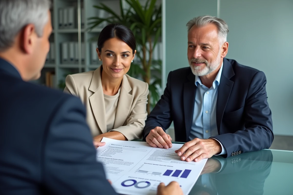 Couple consultant un conseiller financier pour optimiser leurs avantages retraite lors d'un rendez-vous en cabinet