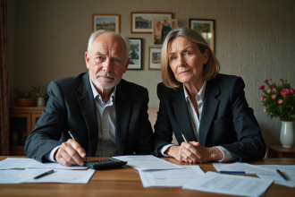 Couple d'adultes réfléchissant à des papiers dans un salon chaleureux