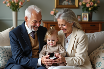 Couple de grands-parents offrant un collier à leur petite fille