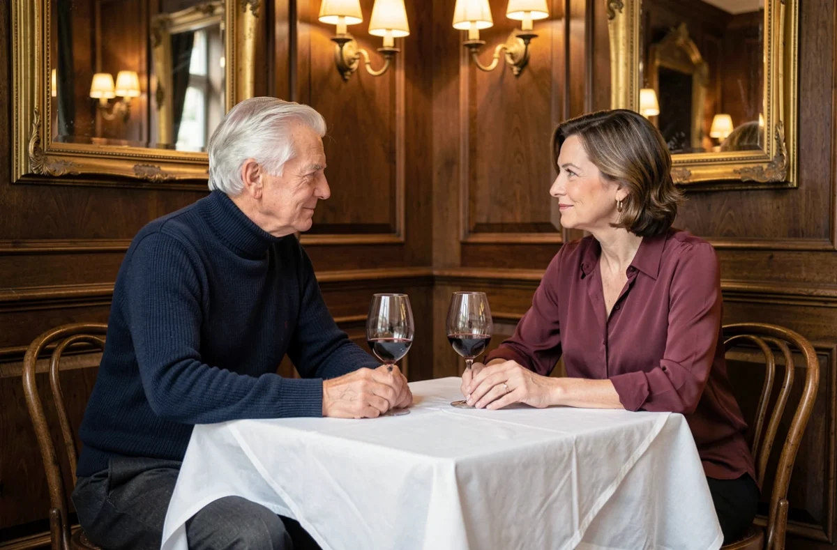 Couple élégant d'âge mûr partageant un moment intime dans une brasserie parisienne classique, conversation apaisée autour d'un verre de vin