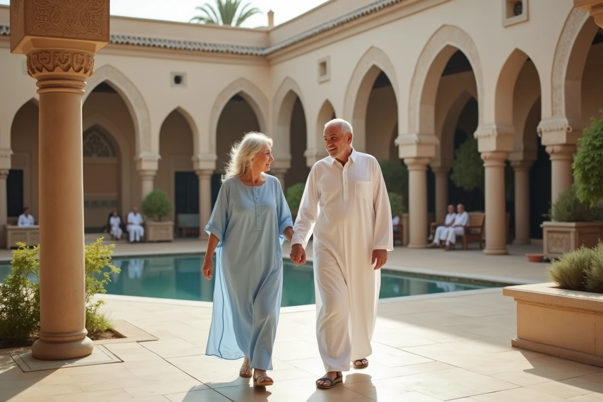 Couple âgé se promenant dans le patio d'une résidence de retraite de style riad au Maroc