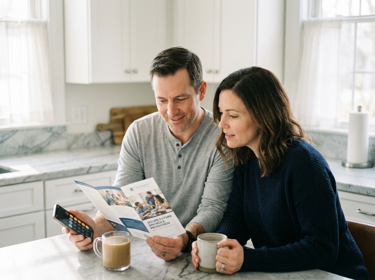 Couple planifiant ensemble le placement de leur prime annuelle en assurance vie autour d'une table de cuisine avec brochure et smartphone