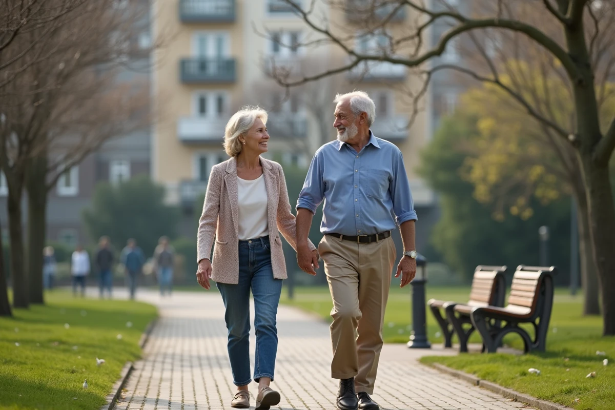 Couple mature marchant dans un parc urbain au printemps