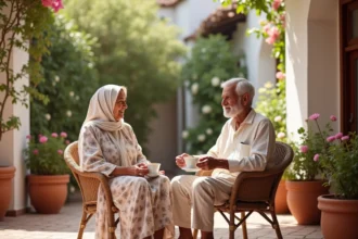 Couple de retraités marocains partageant un thé à la menthe sur la terrasse d'une maison de retraite à Marrakech