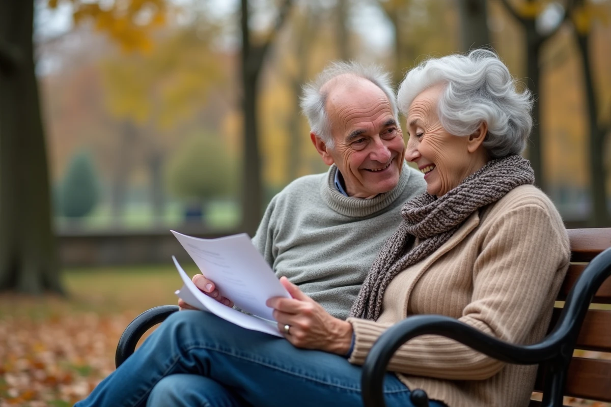 Couple retraité souriant dans un parc urbain
