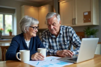Couple de retraités planifiant leurs droits à la retraite ensemble autour d'une table avec des documents de pension et un ordinateur portable