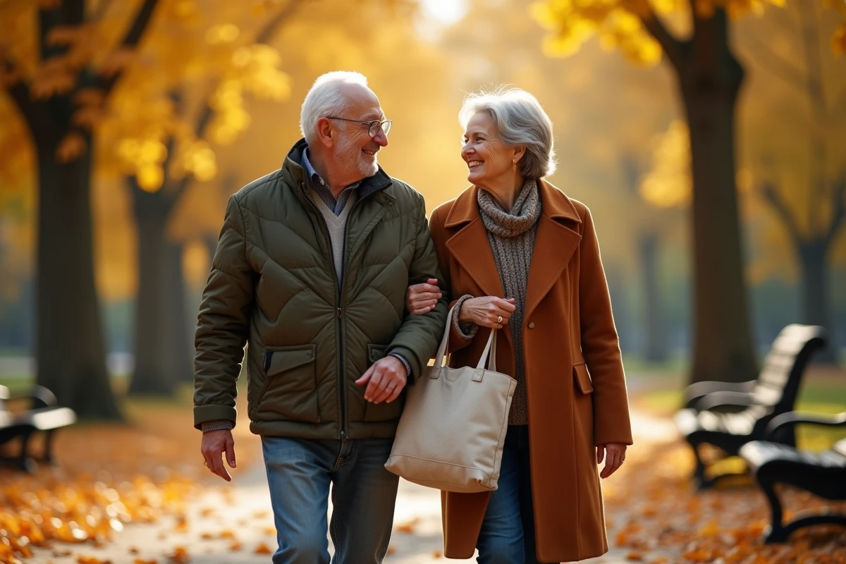 Couple de retraités se promenant ensemble dans un parc en automne, profitant sereinement de leur retraite à deux