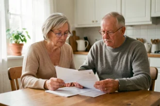 Couple de retraités consultant leurs relevés de pension Agirc-Arrco et retraite de base à domicile