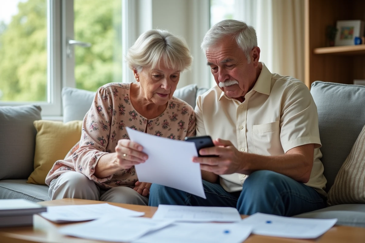 Couple de retraités consultant des documents de retraite CNAV ensemble dans leur salon avant d'appeler