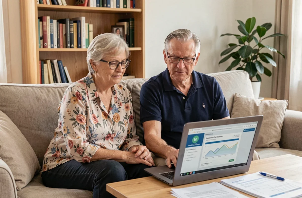 Couple de retraités consultant une simulation de retraite Agirc-Arrco sur ordinateur